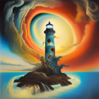 Colorful surreal artwork: Lighthouse on island with swirling patterns