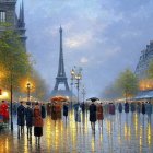 Colorful painting of people with umbrellas in Paris rain, fall foliage, Eiffel Tower.