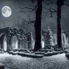 Snowy Winter Night Scene with Ornate Structure and Full Moon