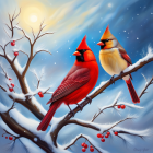 Vibrant cardinals on snowy branch with falling snowflakes & crescent moon