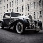 Monochrome drawing of vintage car on city street with detailed buildings