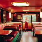 Vibrant retro-style diner with red booths, jukebox, neon signs, and woman in