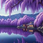 Tranquil lakeside house with blooming wisteria trees and hills at dusk