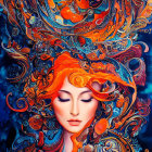 Colorful Artwork of Woman with Floral Hair in Blue, Orange, and Teal