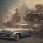 Vintage Car with Racing Numbers in Foggy Post-Apocalyptic Landscape