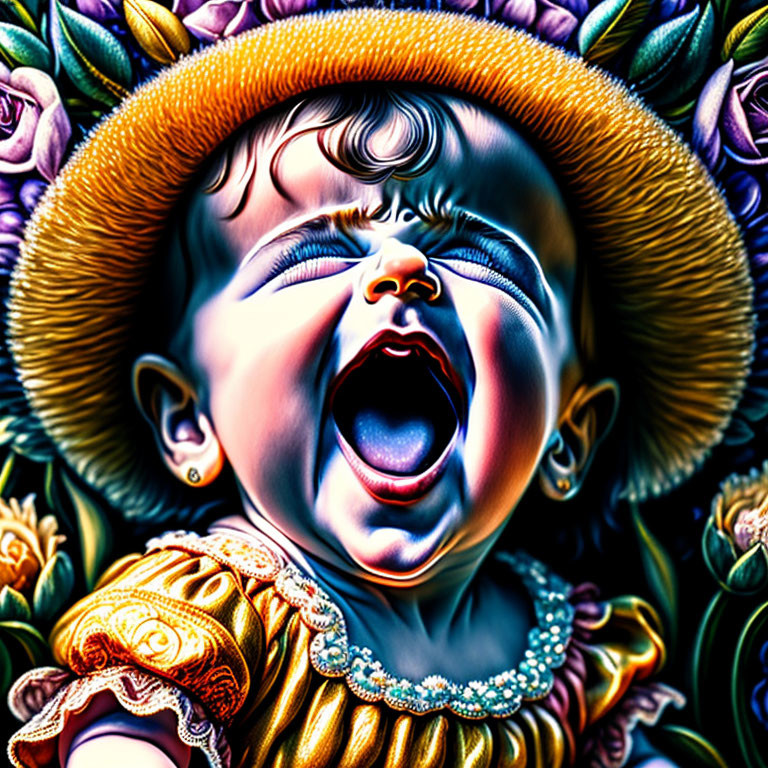 Colorful digital artwork: crying baby with exaggerated features in yellow dress and hat, surrounded by flowers