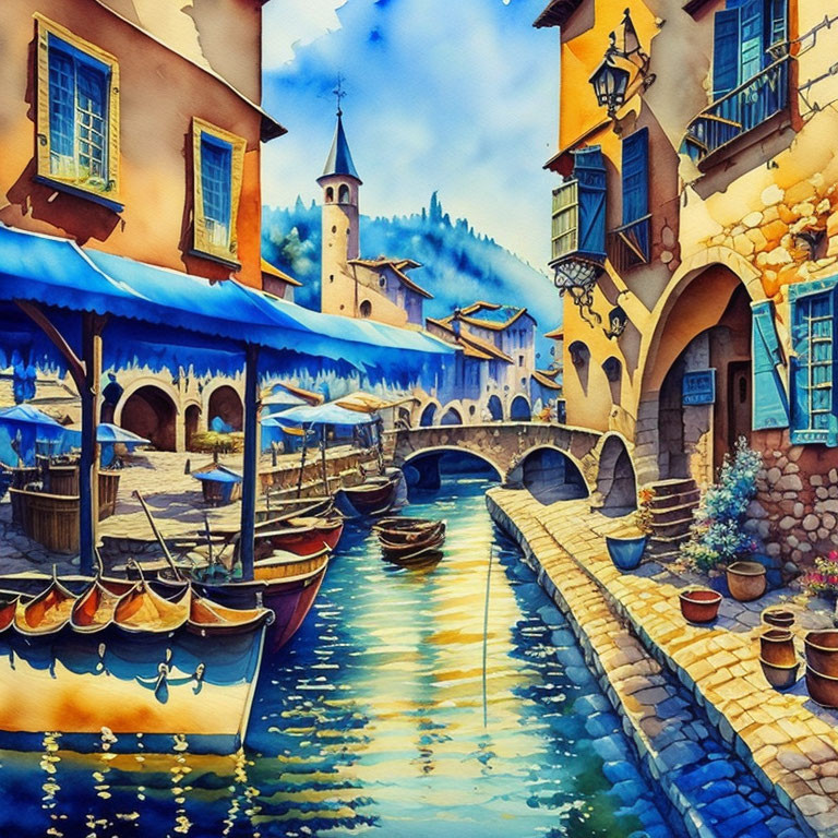 Colorful European Canal Scene with Watercolor Painting