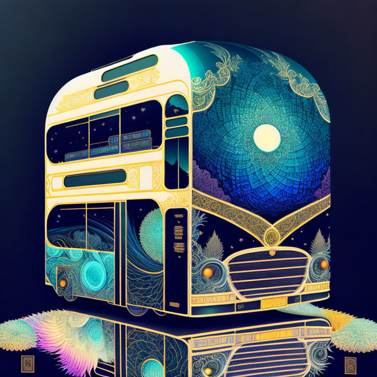 Stylized double-decker bus with neon patterns and feather-like details on dark background