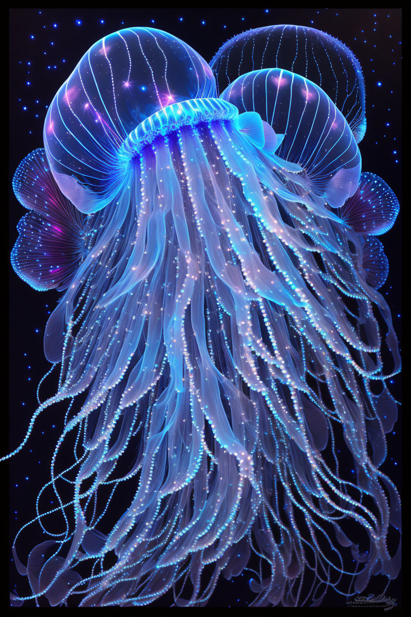 Bioluminescent jellyfish in deep blue oceanic digital artwork