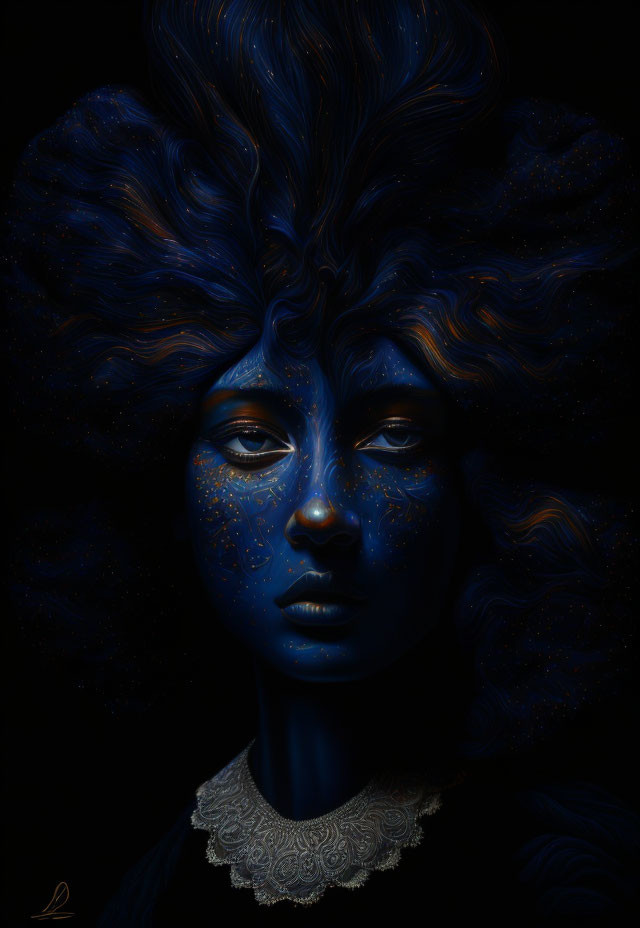 Blue-skinned person with starry hair and lace collar portrait.