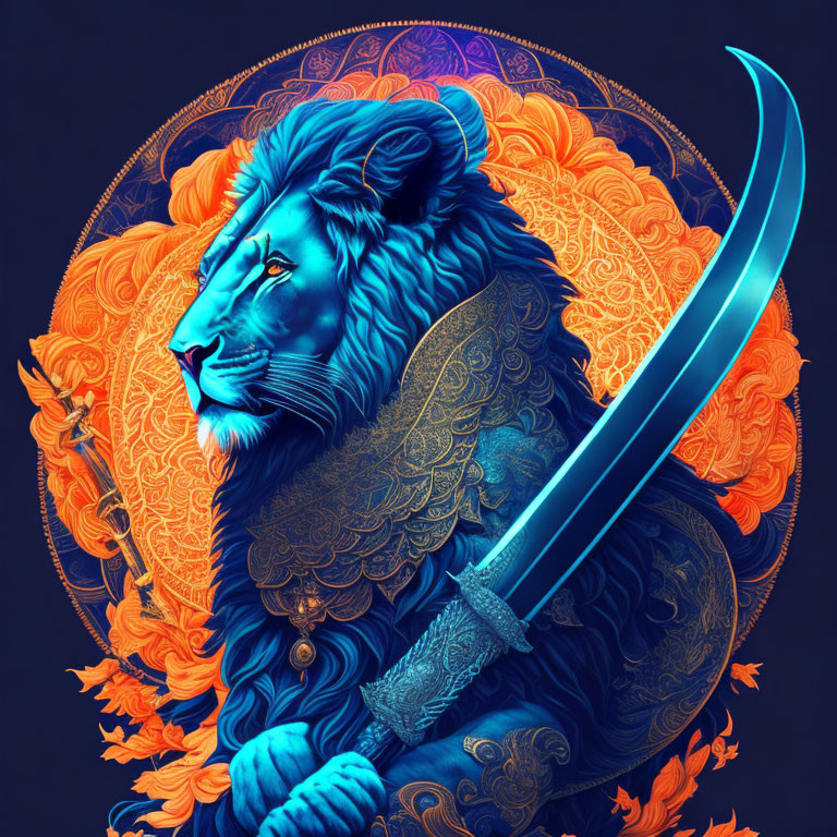 Majestic blue lion with golden mane in ornate armor on orange floral background