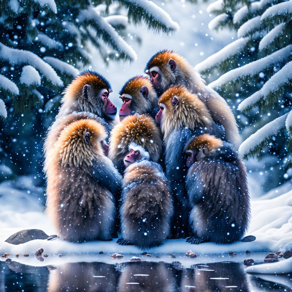 Snow monkeys huddled in falling snowflakes in tranquil forest