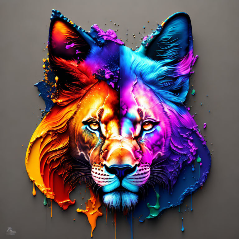 Colorful split face digital artwork: lion and wolf fusion.