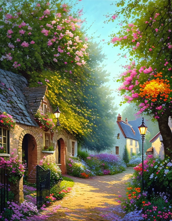 Cobblestone Path with Flowering Trees and Cottages