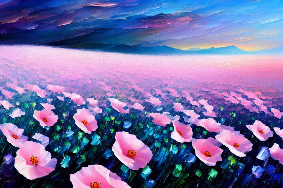 Colorful painting of pink flowers under gradient sky