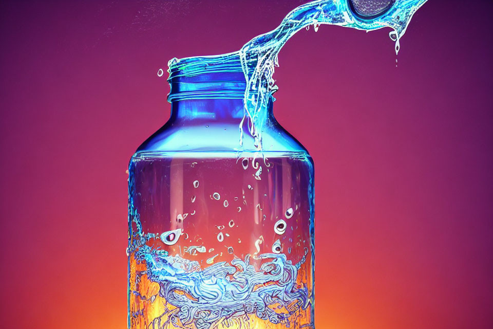 Blue glass bottle with water splashing on pink and orange gradient background