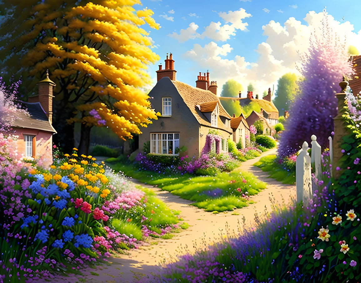 Vibrant flowers, quaint cottages, lush trees in village scene