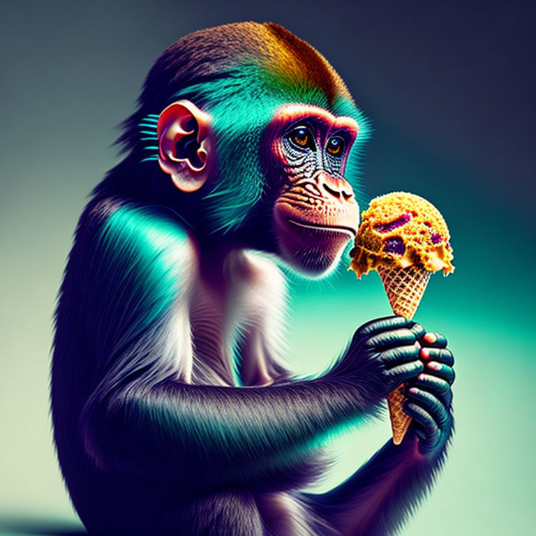 Colorful Monkey Holding Ice Cream Cone on Gradient Background