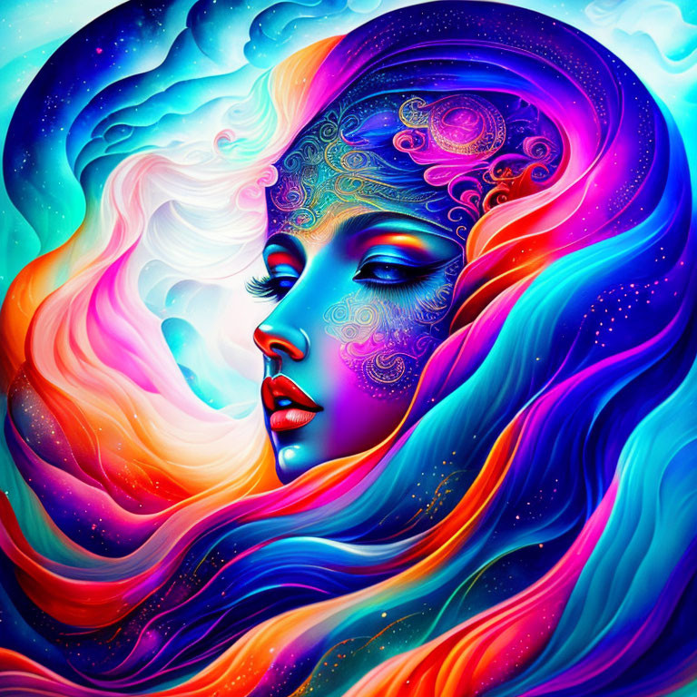 Colorful digital artwork: Woman with blue skin in cosmic swirls