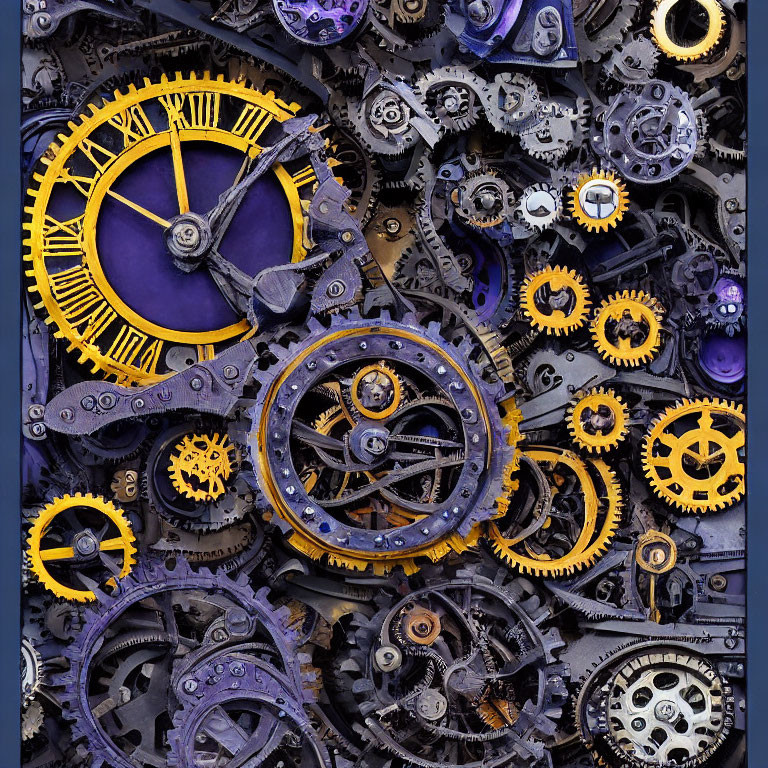 Assortment of Metallic Gears and Cogs with Yellow Accents