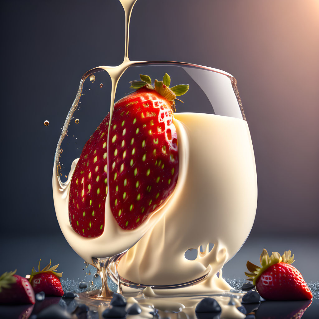 Large Strawberry Dipped in Milk with Dynamic Splash