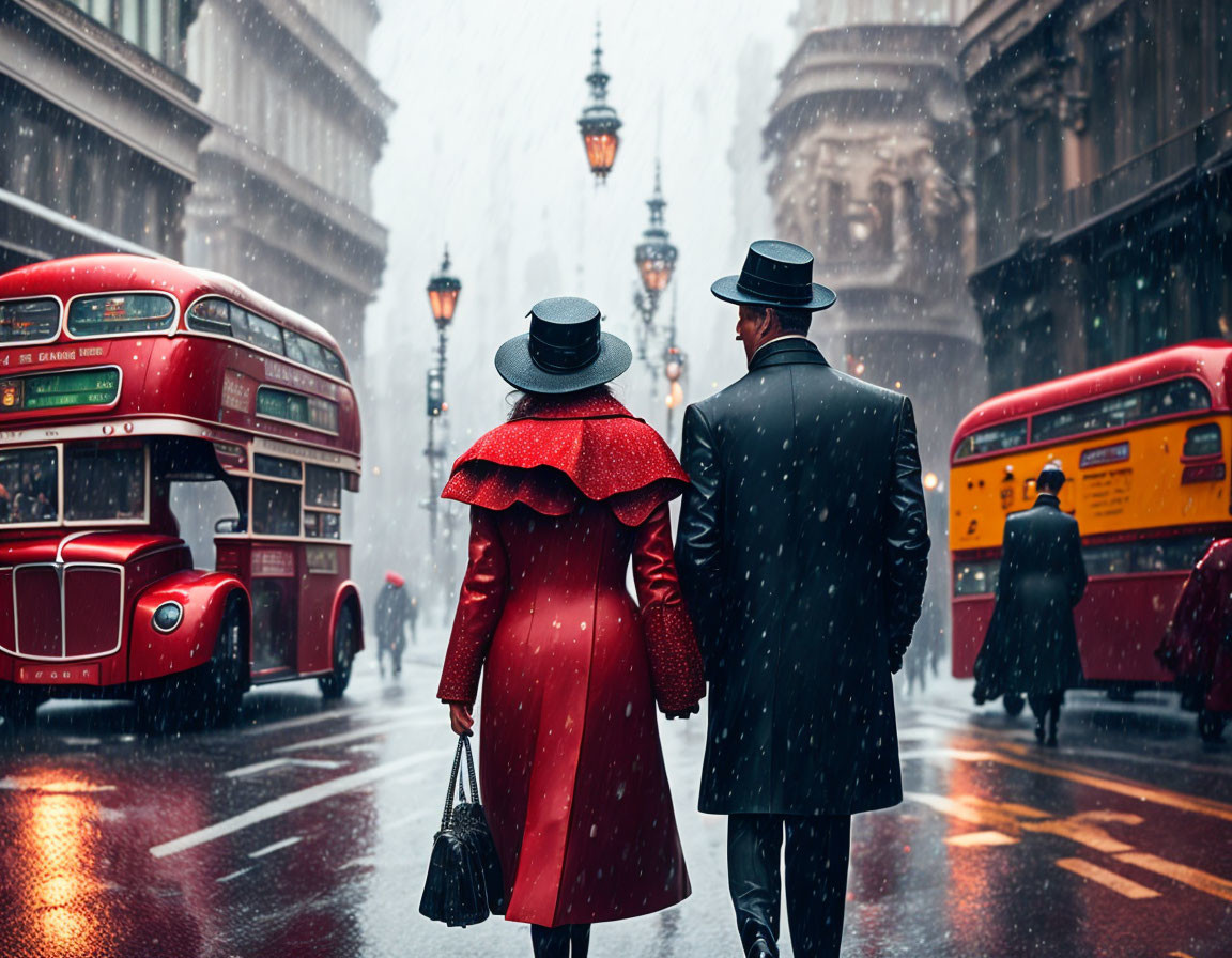 Vintage couple strolling snowy London street with red buses & street lamps