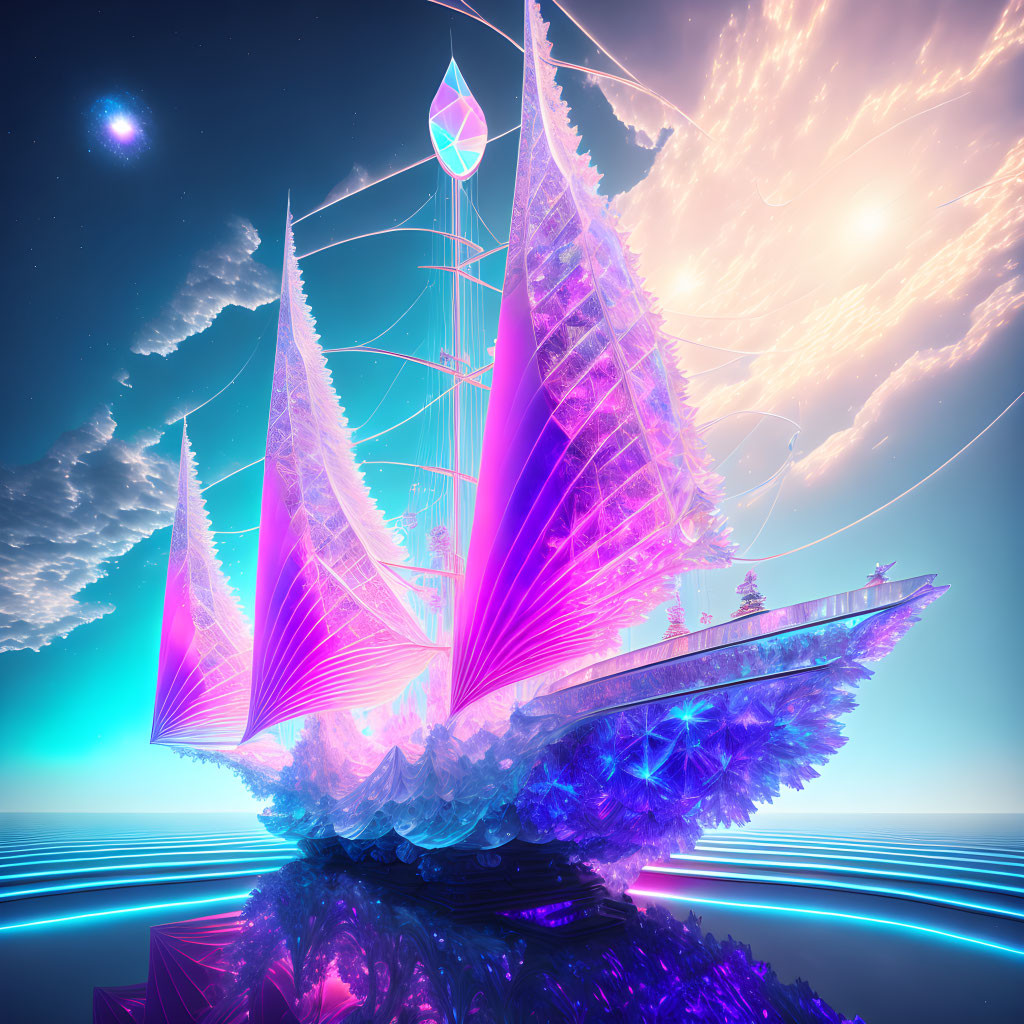 Neon-lit crystalline ship on digital ocean under fantastical sky