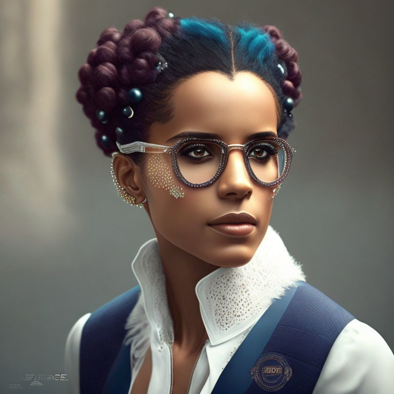 Woman with Blue-Purple Hair in Round Glasses and Navy Vest