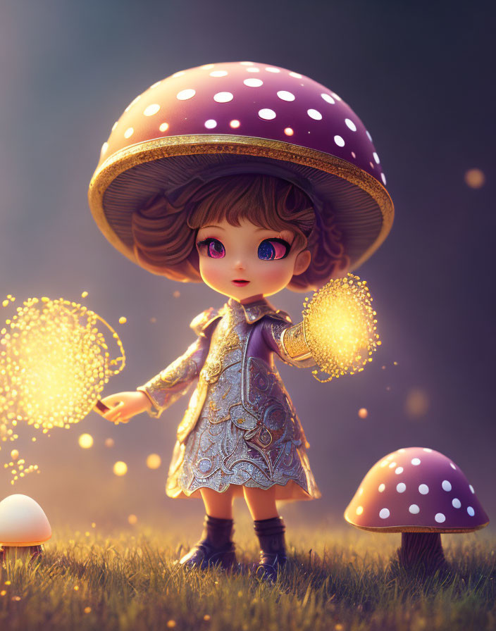 Young girl with mushroom cap hat in mystical setting with sparkling lights