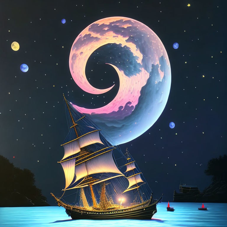 Surreal night seascape with large ship, swirl-patterned moon, stars, and buo