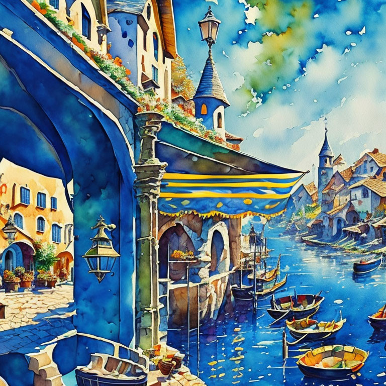 Colorful Watercolor Painting of European Canal Scene