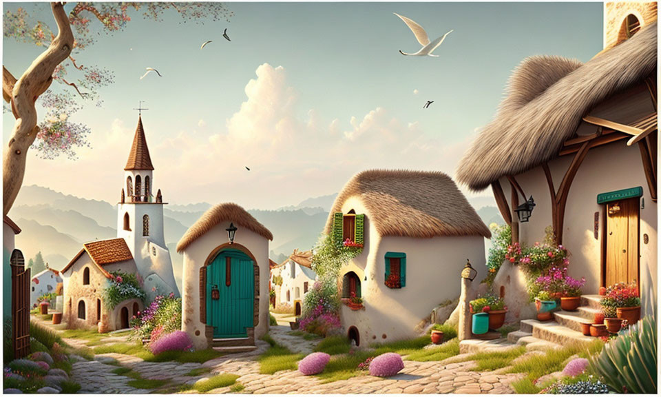 Tranquil village scene with thatched-roof cottages, flowers, church, and birds in