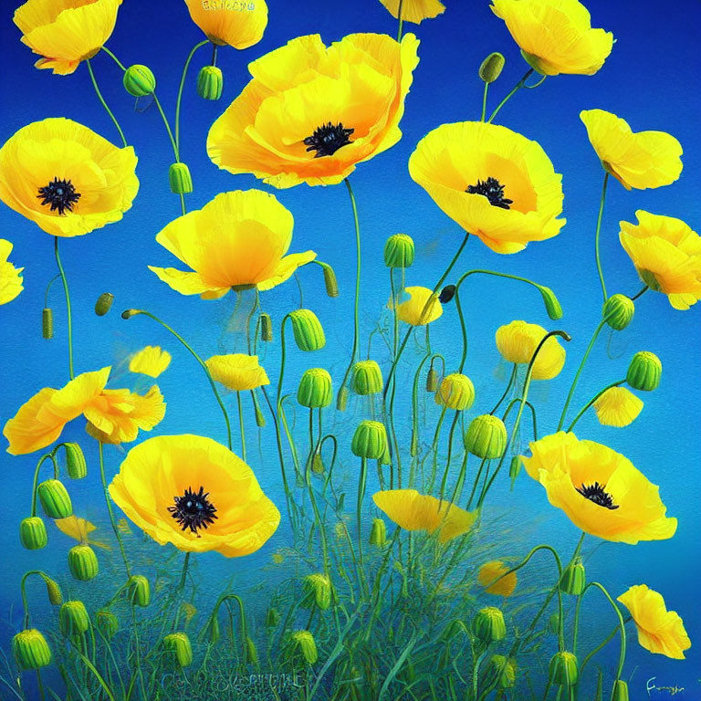 Vibrant yellow poppies with black centers against blue sky