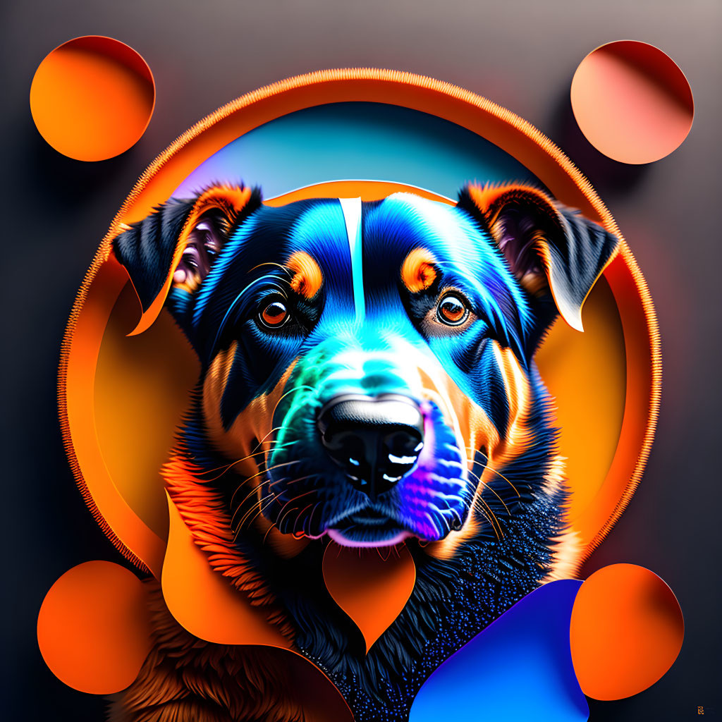 Vibrant neon dog illustration with abstract circles