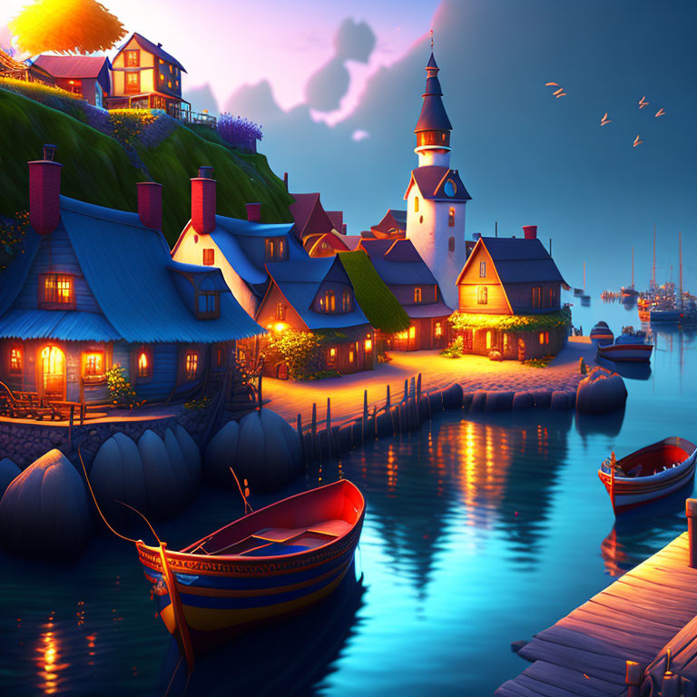 Tranquil seaside village at dusk with lighthouse, boats, and vibrant twilight sky