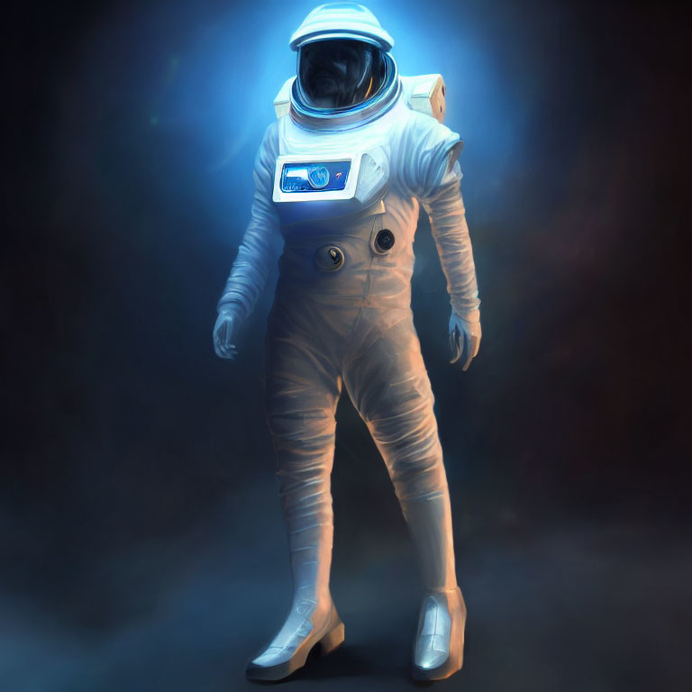 White space suit astronaut in blue-lit smoky background