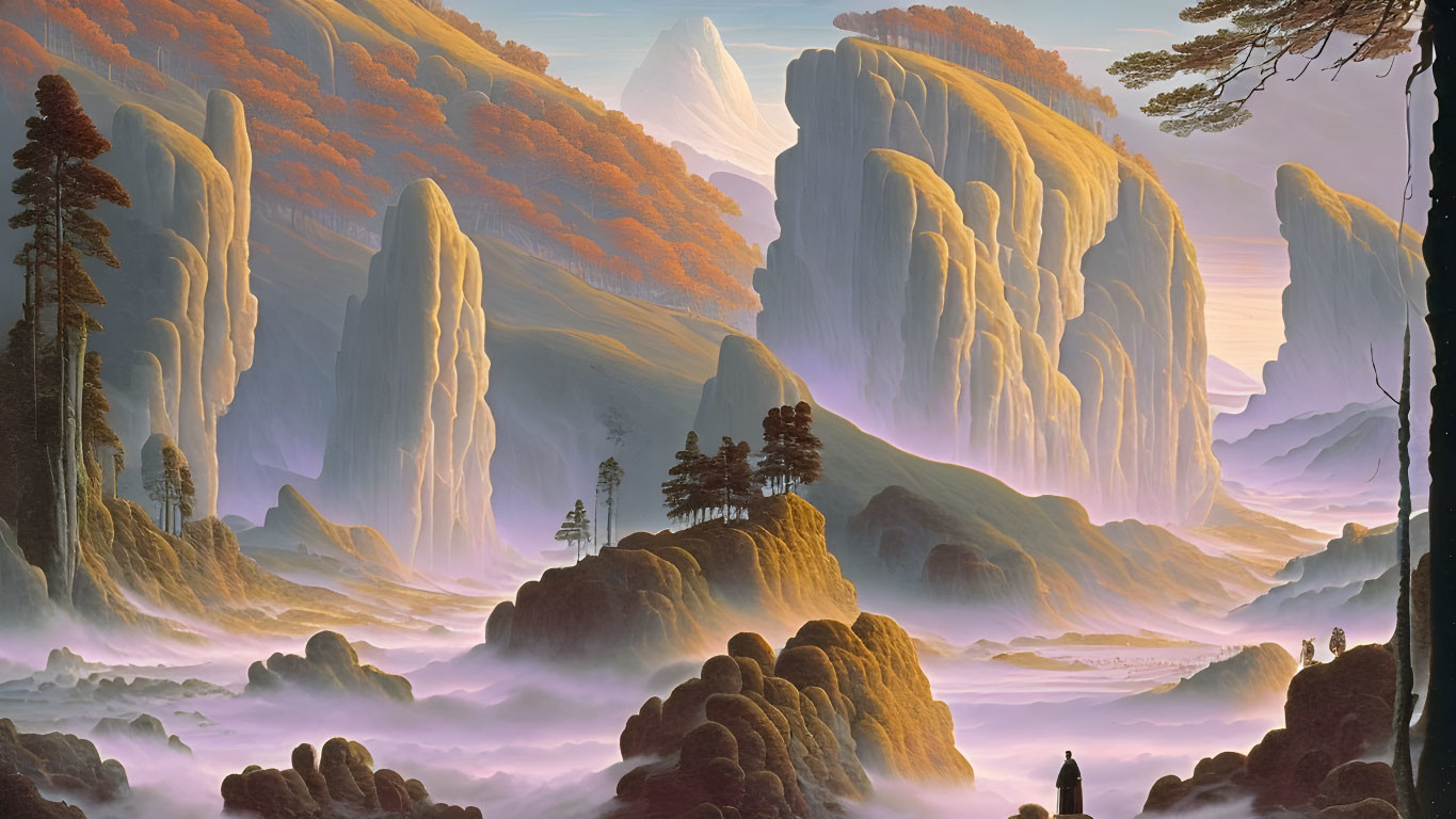 Majestic rock formations in misty, autumnal landscape