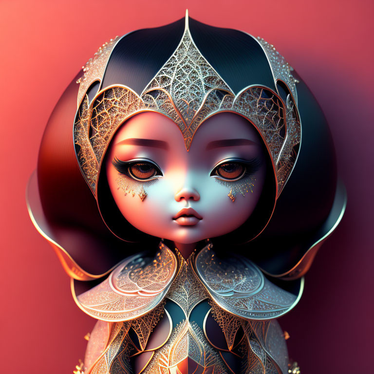 Stylized female character with ornate headpiece and gold filigree on red background