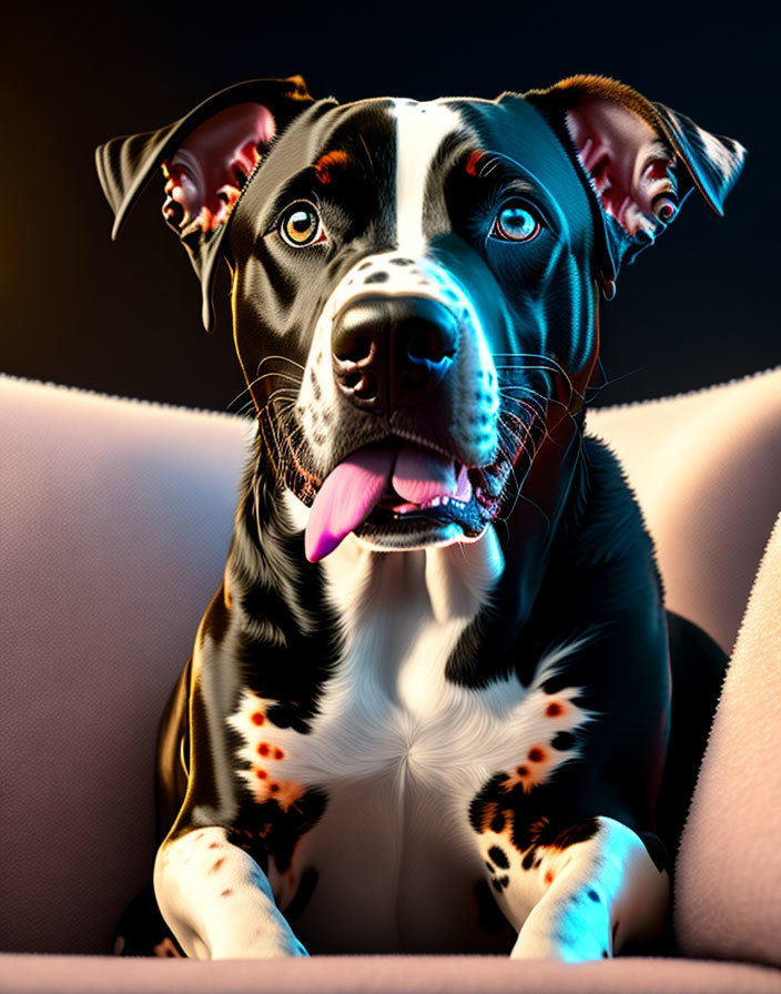 Colorful digital image of a dog with black and white fur, blue eyes, and pink tongue on