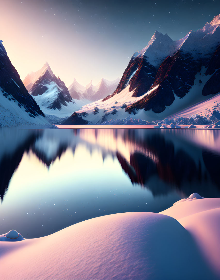 Snowy Mountain Landscape with Reflective Lake at Dusk