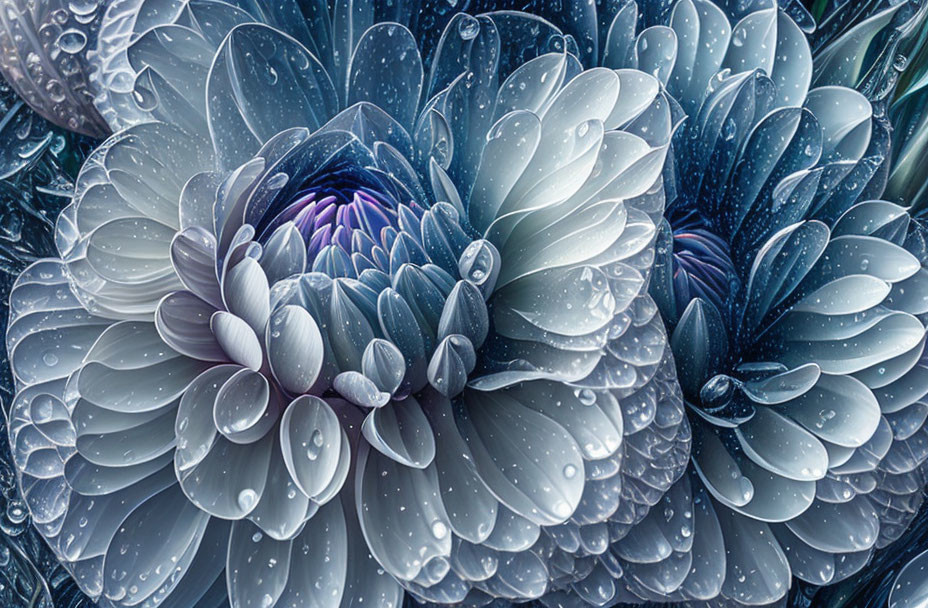 Vibrant blue dahlia flowers with water droplets.