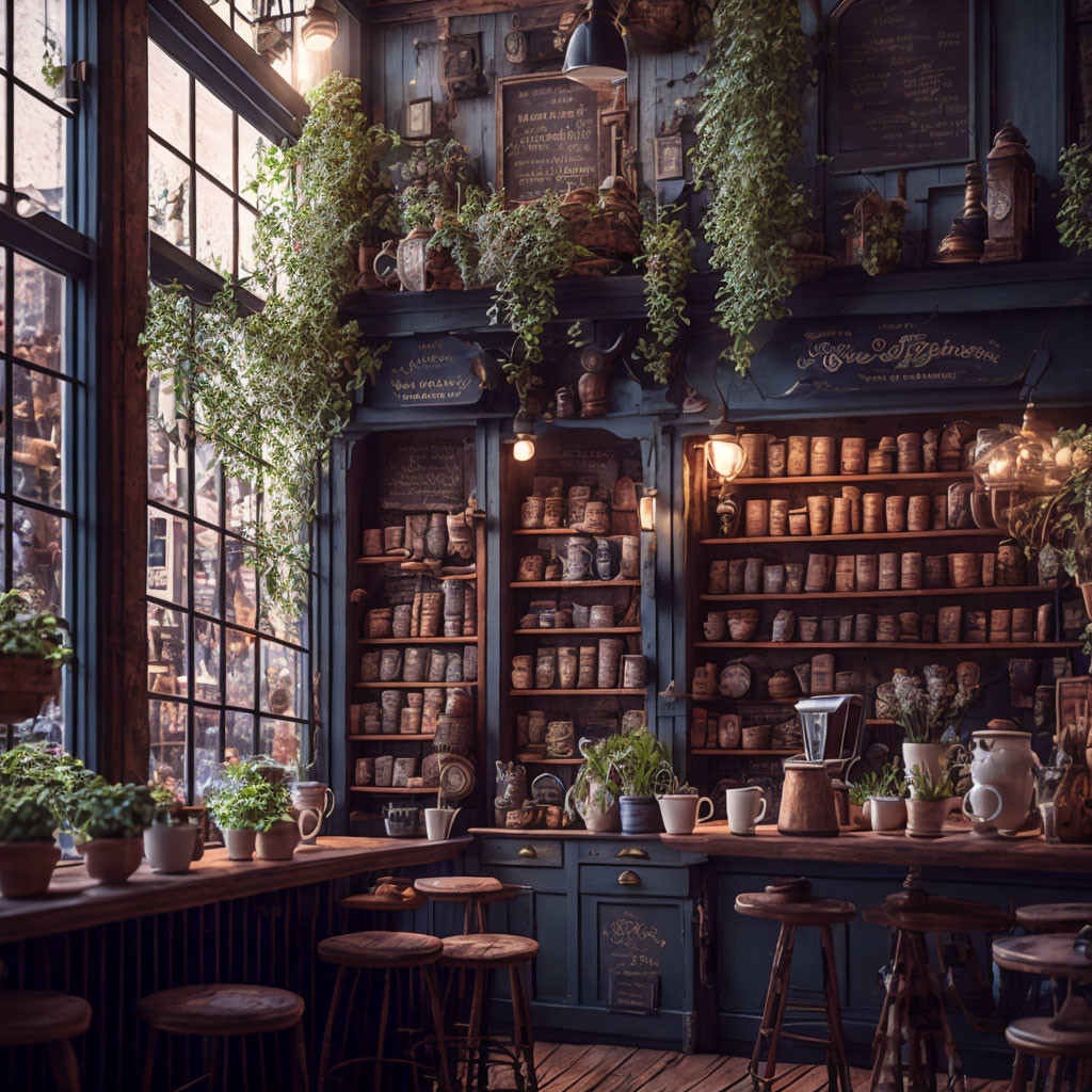 Cozy Vintage Café Interior with Green Plants & Wooden Shelves