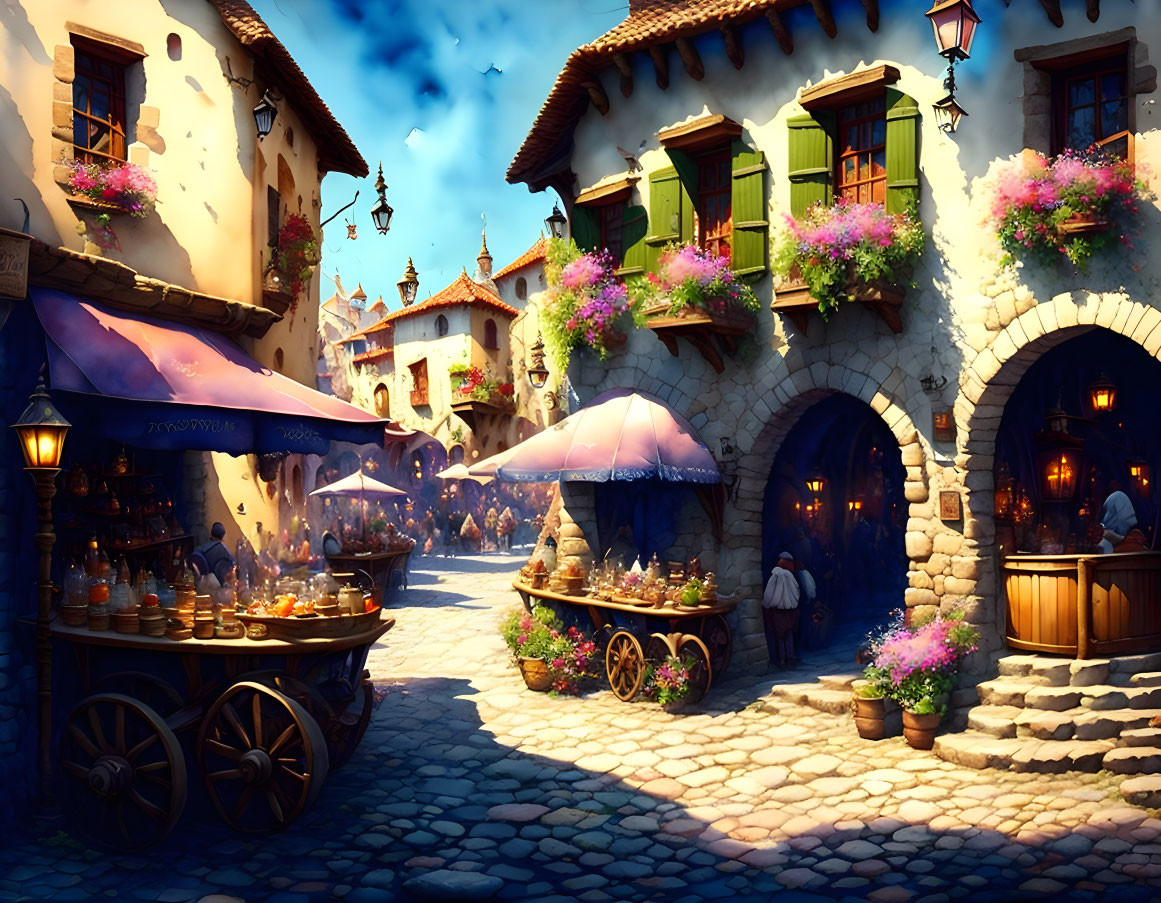 Medieval market street with flower decorations, carts, stone houses