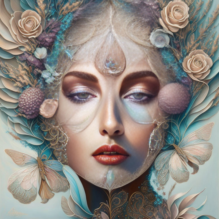 Ethereal woman portrait with floral and butterfly adornments