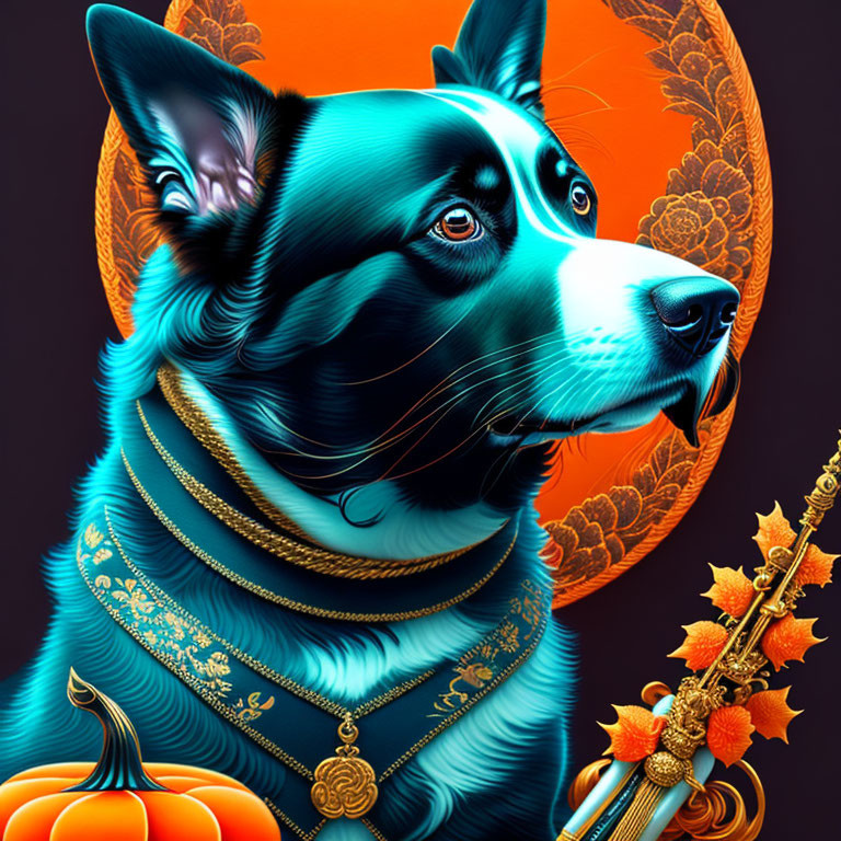 Regal black and blue dog adorned with gold jewelry on ornate orange backdrop