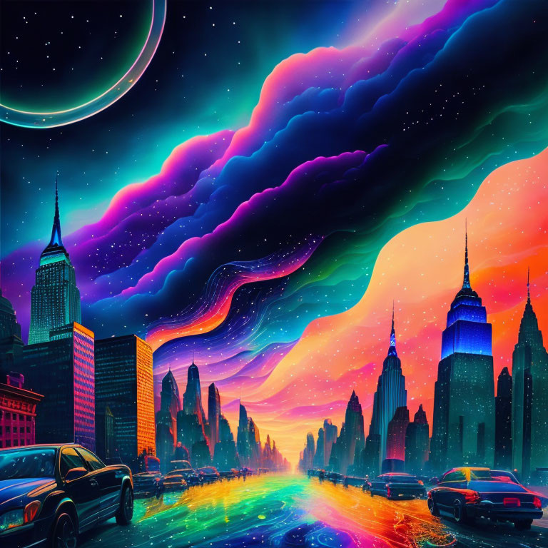 Colorful neon-lit cityscape with skyscrapers under psychedelic sky