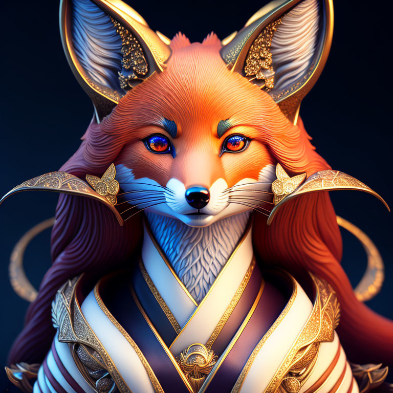 Detailed anthropomorphic fox illustration in ornate armor with blue eyes on dark backdrop