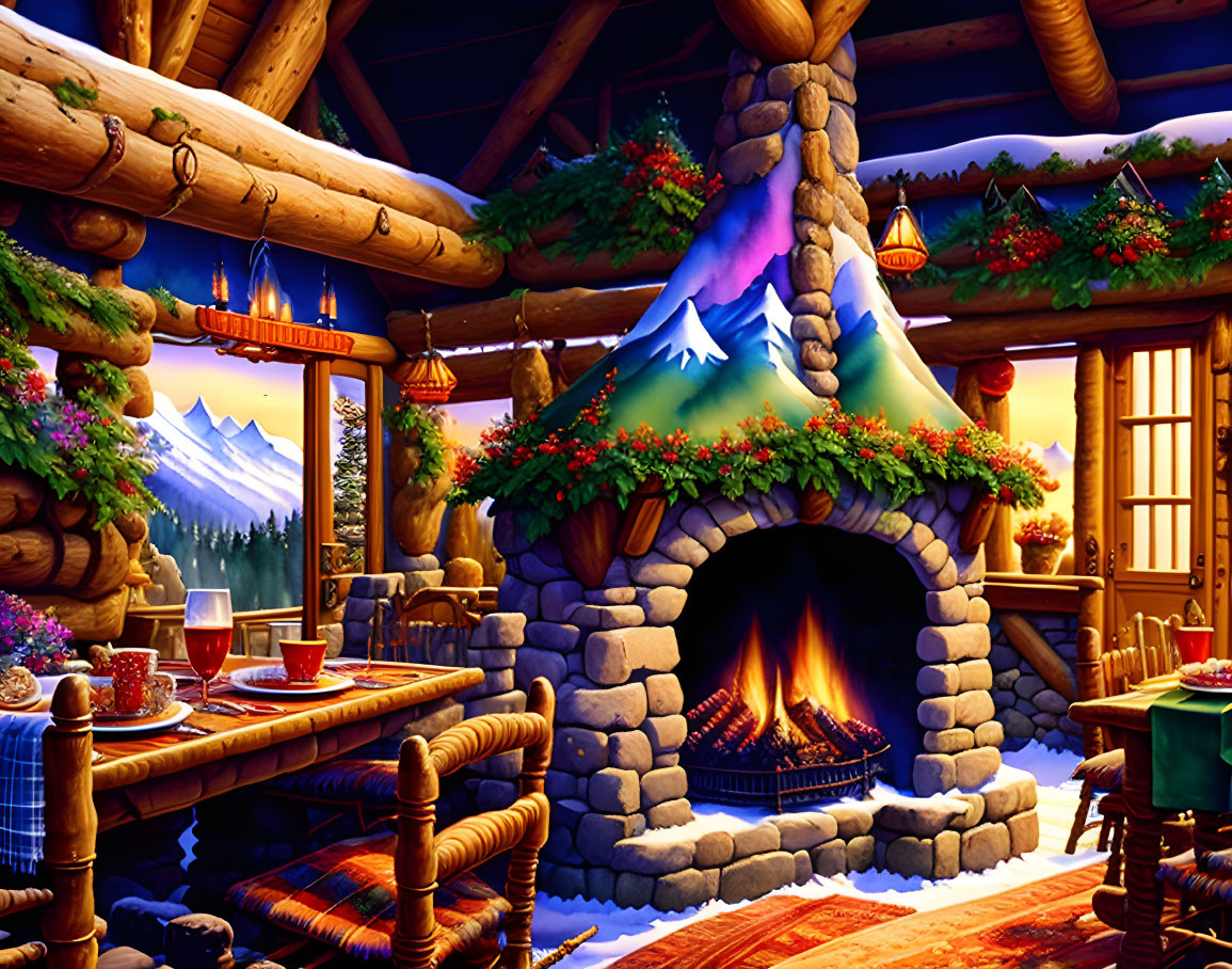 Rustic log cabin interior with fireplace, mountain view, and holiday table