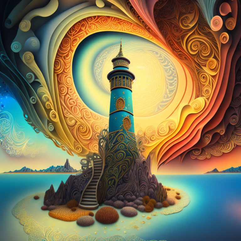 Colorful surreal artwork: Lighthouse on island with swirling patterns