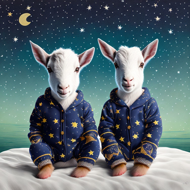 Two goats in star-patterned onesies on a cloud under a night sky